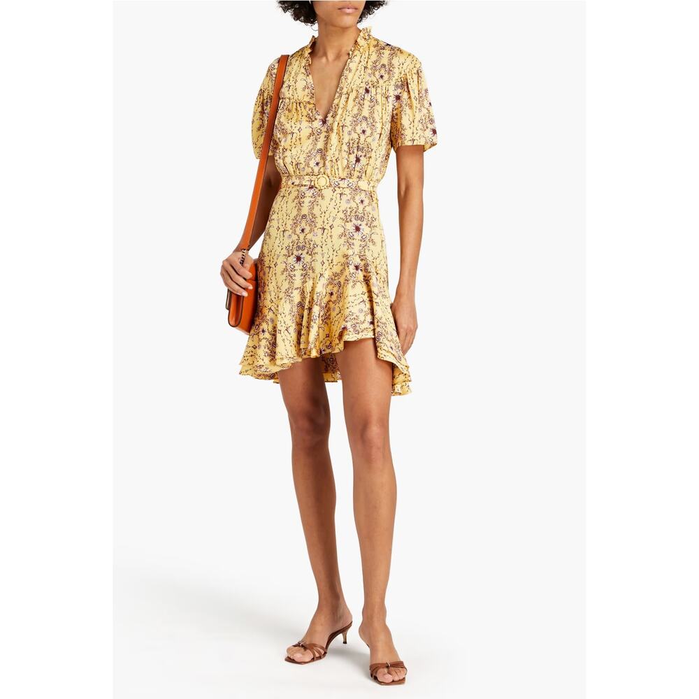 Sandro Suzette Mini Dress Yellow Floral Belted A-Line Ruffle SZ 4 US - Picture 3 of 8